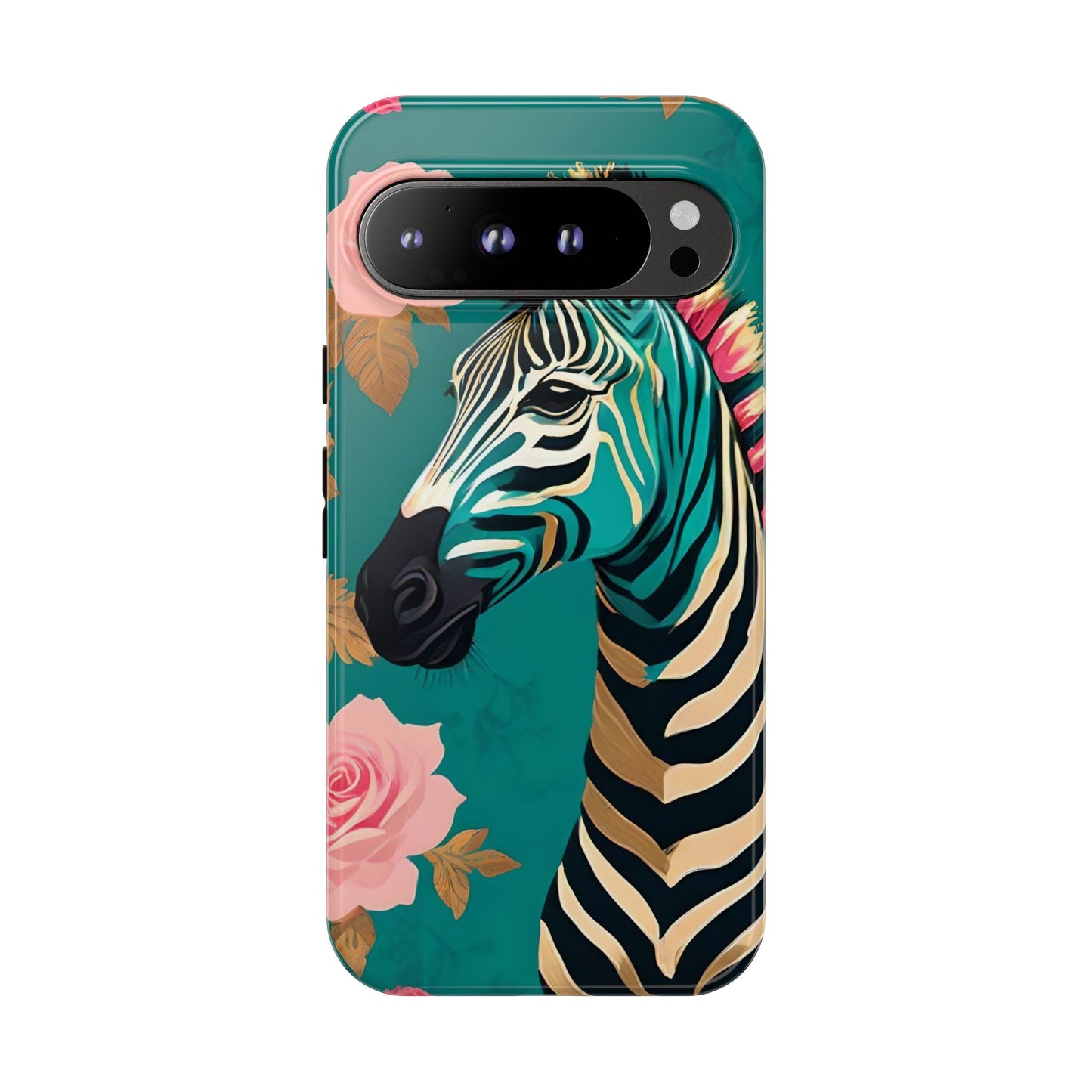 Phone Case - Elegant Teal & Gold Zebra & Roses Design