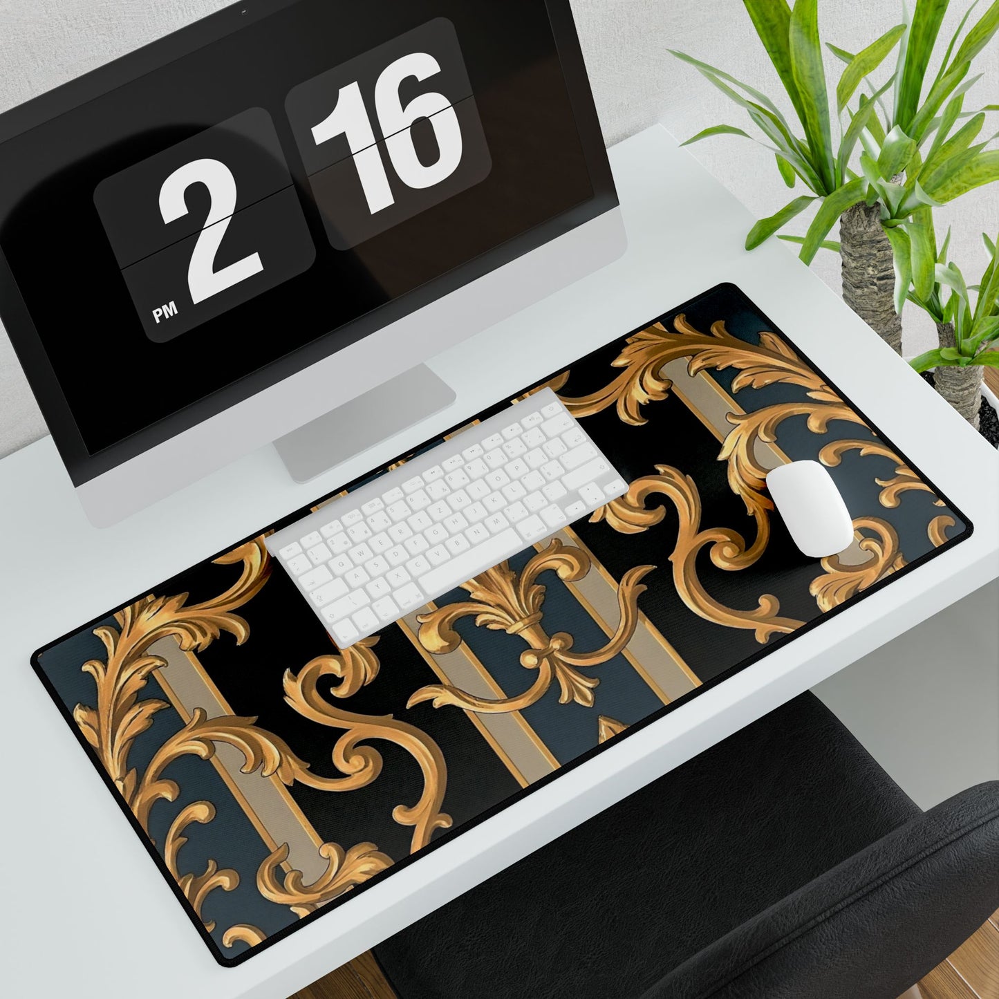 Elegant Office Desk Mats, Stylish Desk Protector, Gaming Mouse Pad, Home Office Decor - Blue & Black Striped Rococo
