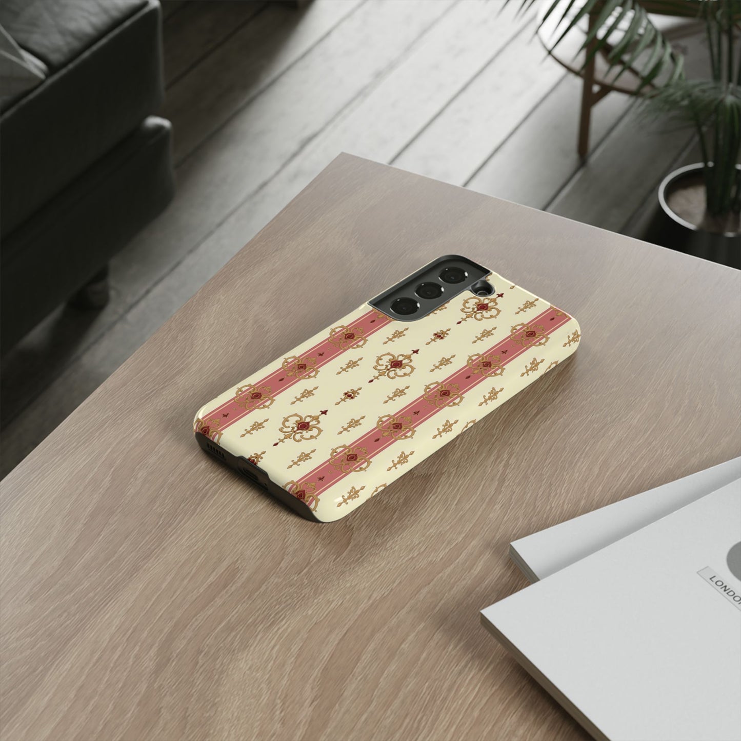 Elegant Floral Motif Phone Case - Tough Cases with Vintage Design - Mauve Striped Gold Damask