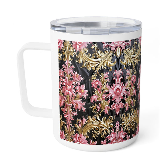 Elegant Floral Insulated Coffee Mug, Perfect Gift for Tea Lovers, Home Decor, Stylish Kitchen Accessory - Black & Pink Oil Painting Style Rococo