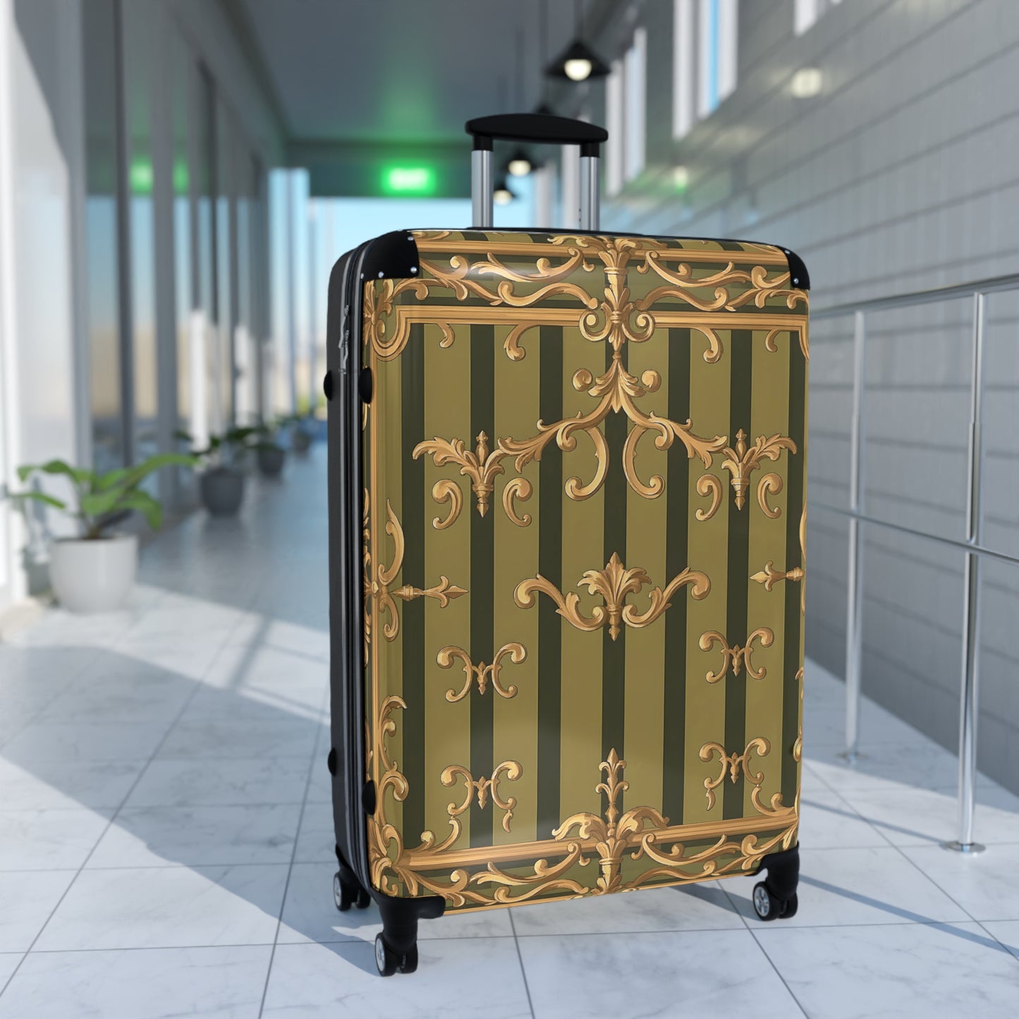 Ornate Travel Suitcase, Stylish Luggage for Adventurers, Vintage-Inspired Carry-On - Olive Green Striped Rococo