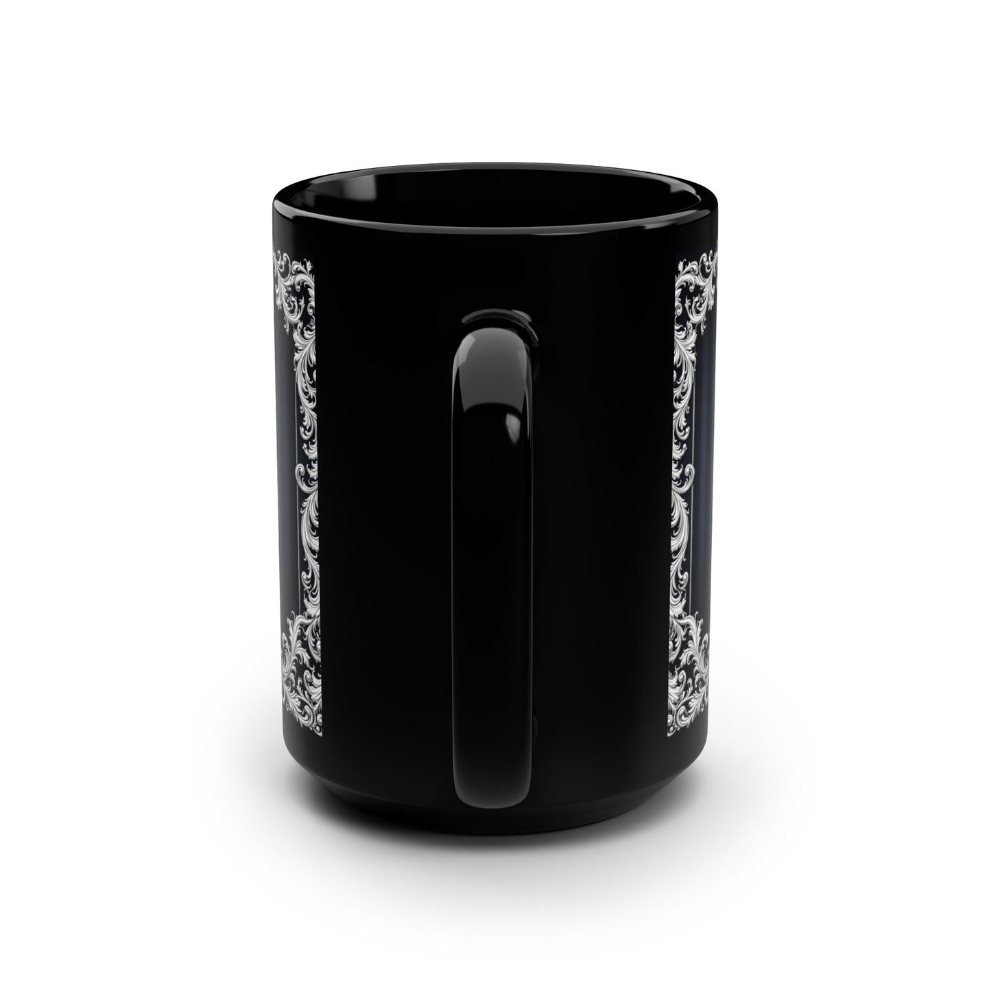 Victorian Navy Stripes & Baroque Frame Black 15oz Mug — Elegant Stripe Coffee Cup