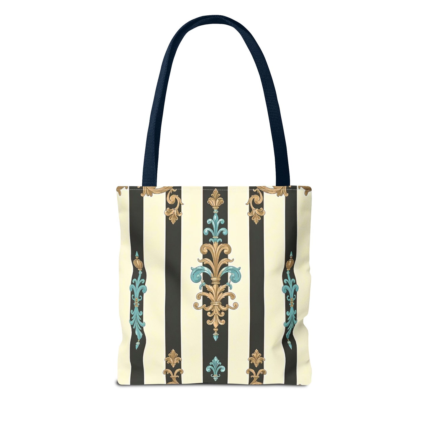 Elegant Stripe Pattern Tote Bag | Fashionable Reusable Shopping Tote, Eco-Friendly Gift Bag - Black Striped Turquoise & Black Rococo