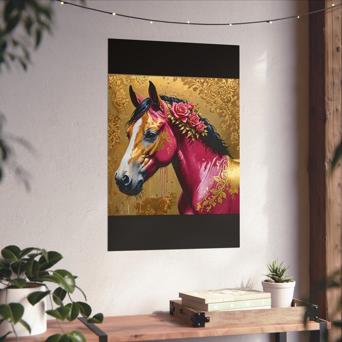 Floral Motif Art Poster - Elegant Matte Vertical Wall Decor - Magenta Horse In Gold Damask With Roses