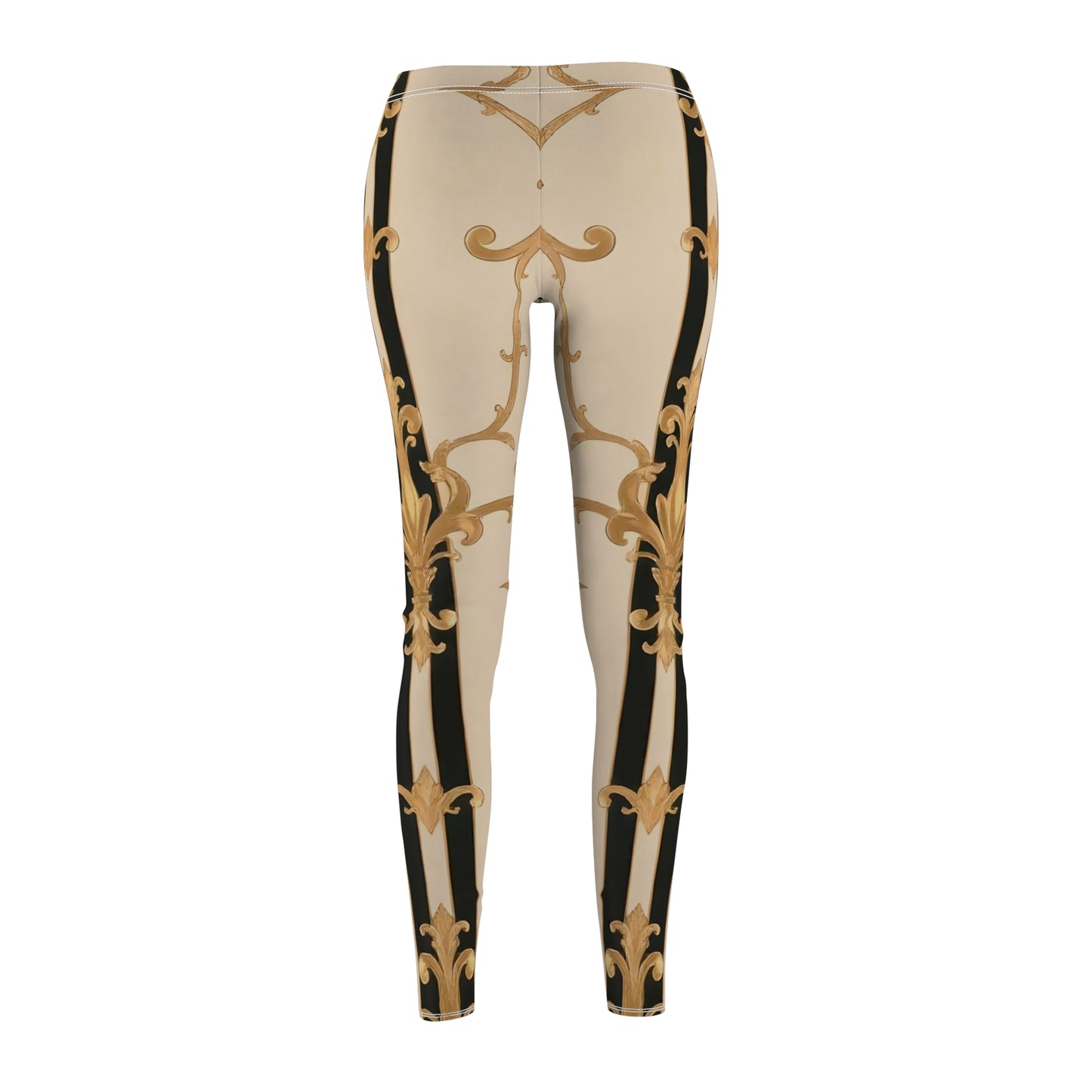Chic Bohemian Women's Leggings, Fashion Leggings, Casual Athleisure, Stylish Workout Pants - Black & Beige Striped Damask