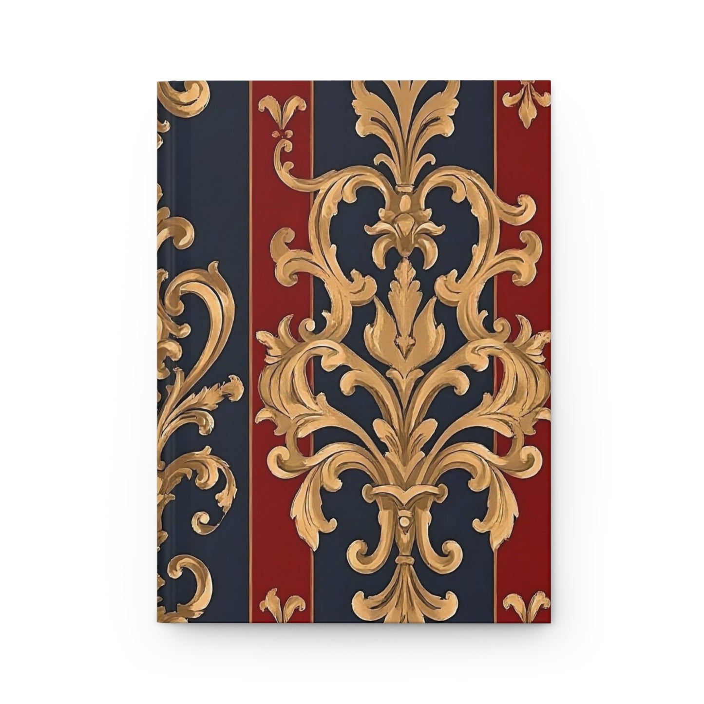 Elegant Floral Motif Hardcover Journal - Stylish Writing Notebook - Midnight Blue & Dusk Red Striped Gold Damask