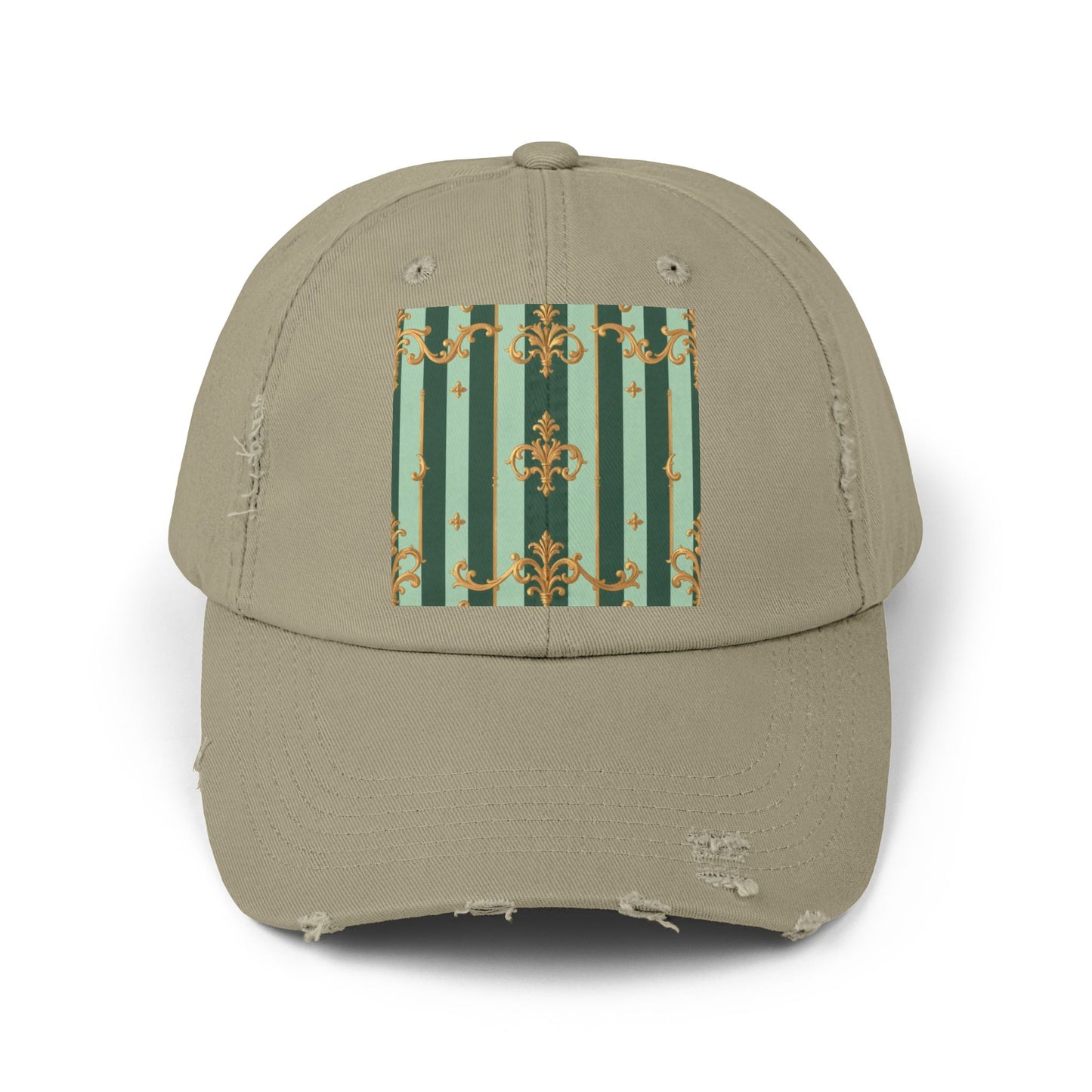 Vintage Chic Unisex Distressed Cap - Fashion Hat, Casual Headwear, Trendy Accessory, Gift for Him/Her - Mint Green & Teal Striped Gold Baroque