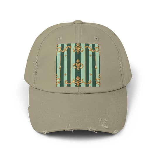 Vintage Chic Unisex Distressed Cap - Fashion Hat, Casual Headwear, Trendy Accessory, Gift for Him/Her - Mint Green & Teal Striped Gold Baroque