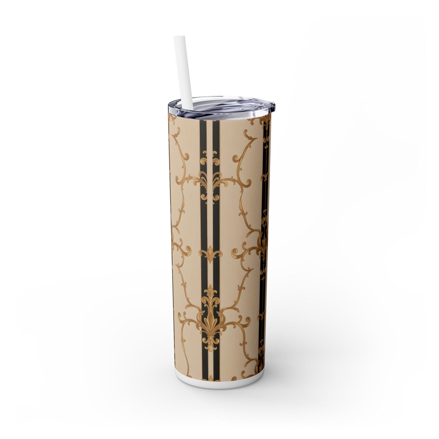 Elegant Gold Patterned Skinny Tumbler with Straw, 20oz | Stylish Travel Mug, Gift for Her, Fancy Drinkware - Black & Beige Striped Damask