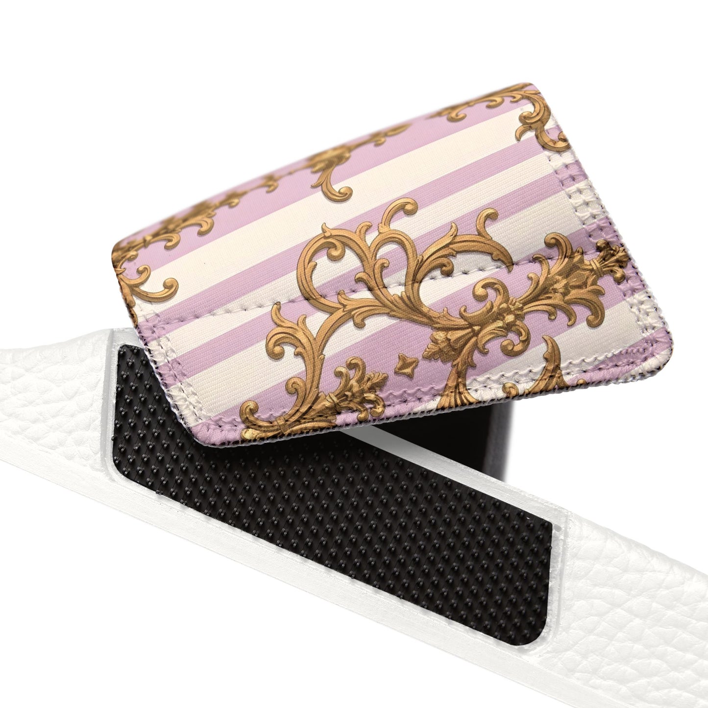 Stylish Women's Sandals with Removable Straps, Comfortable Summer Footwear, Trendy Slippers for Beach - Lilac & Alabaster Striped Gold Baroque