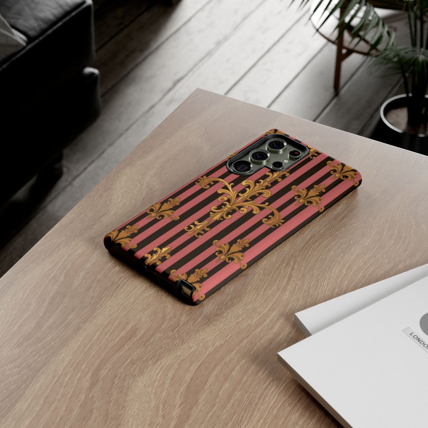Elegant Floral Motif Phone Case - Tough Cases with Vintage Design - Mauve Striped Gold Damask
