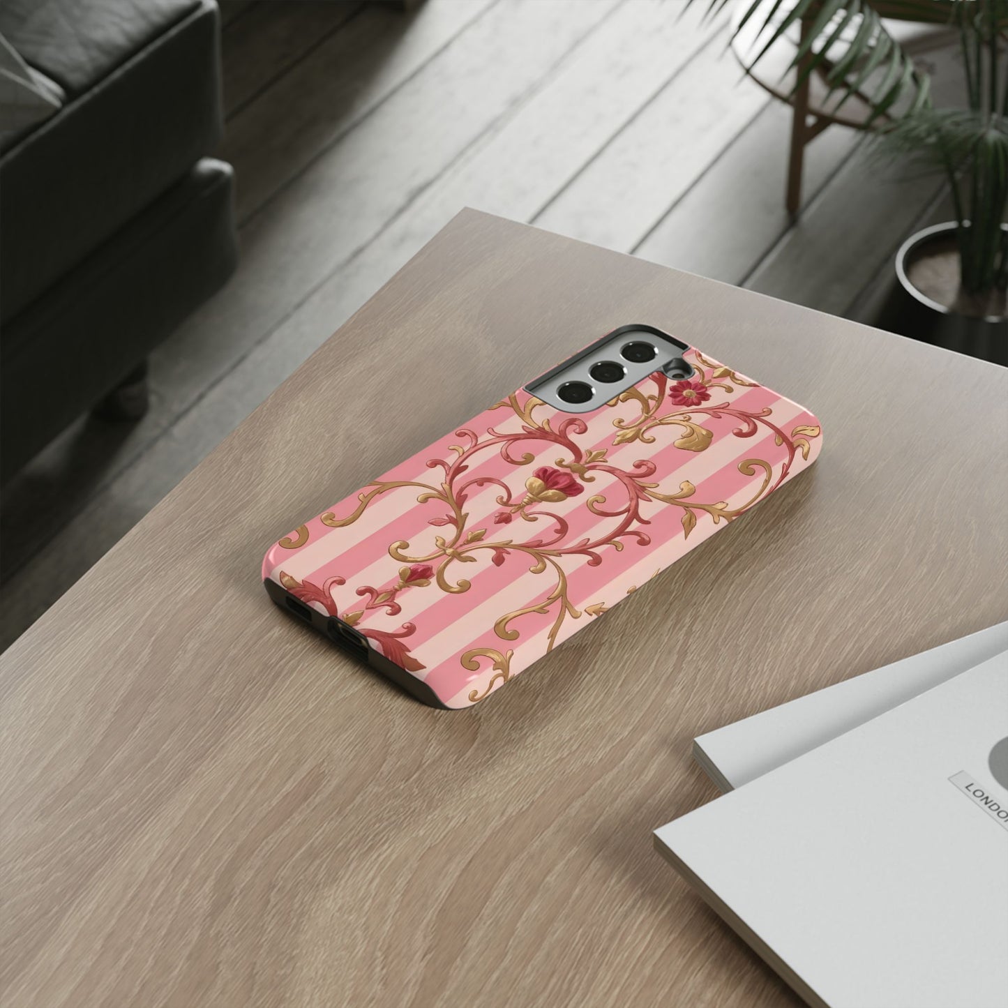 Elegant Floral Motif Phone Case - Tough Cases with Vintage Design - Pink Striped Rose Gold Damask