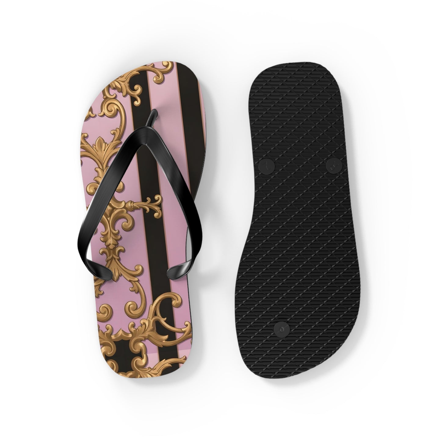 Chic Floral Flip Flops, Summer Sandals, Beach Footwear, Vacation Style, Poolside Essentials - Matte Lavender & Black Striped Gold Baroque