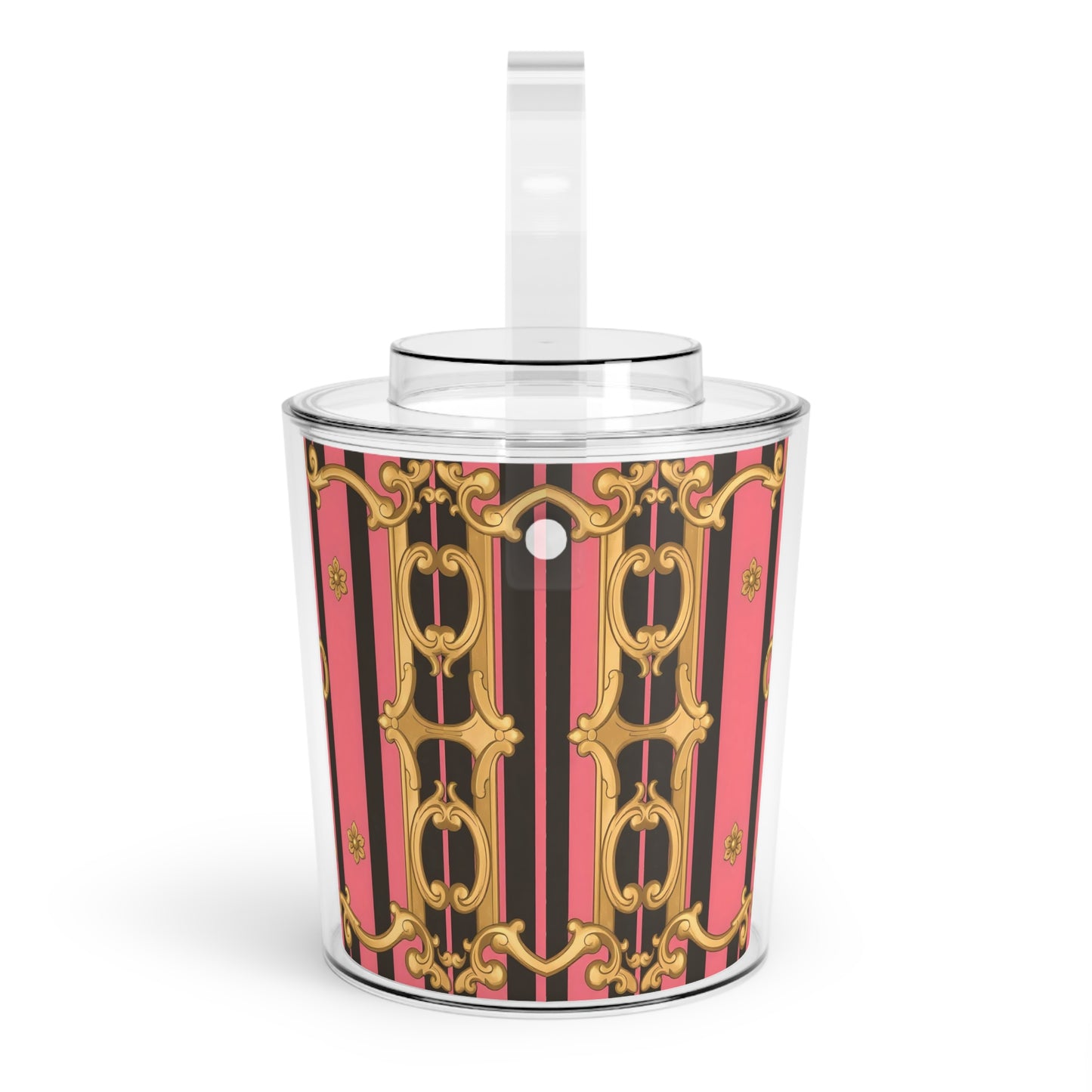 Elegant Vintage Ice Bucket with Tongs, Perfect for Parties, Events, Barware Gift - Pink & Black Striped Gold Baroque
