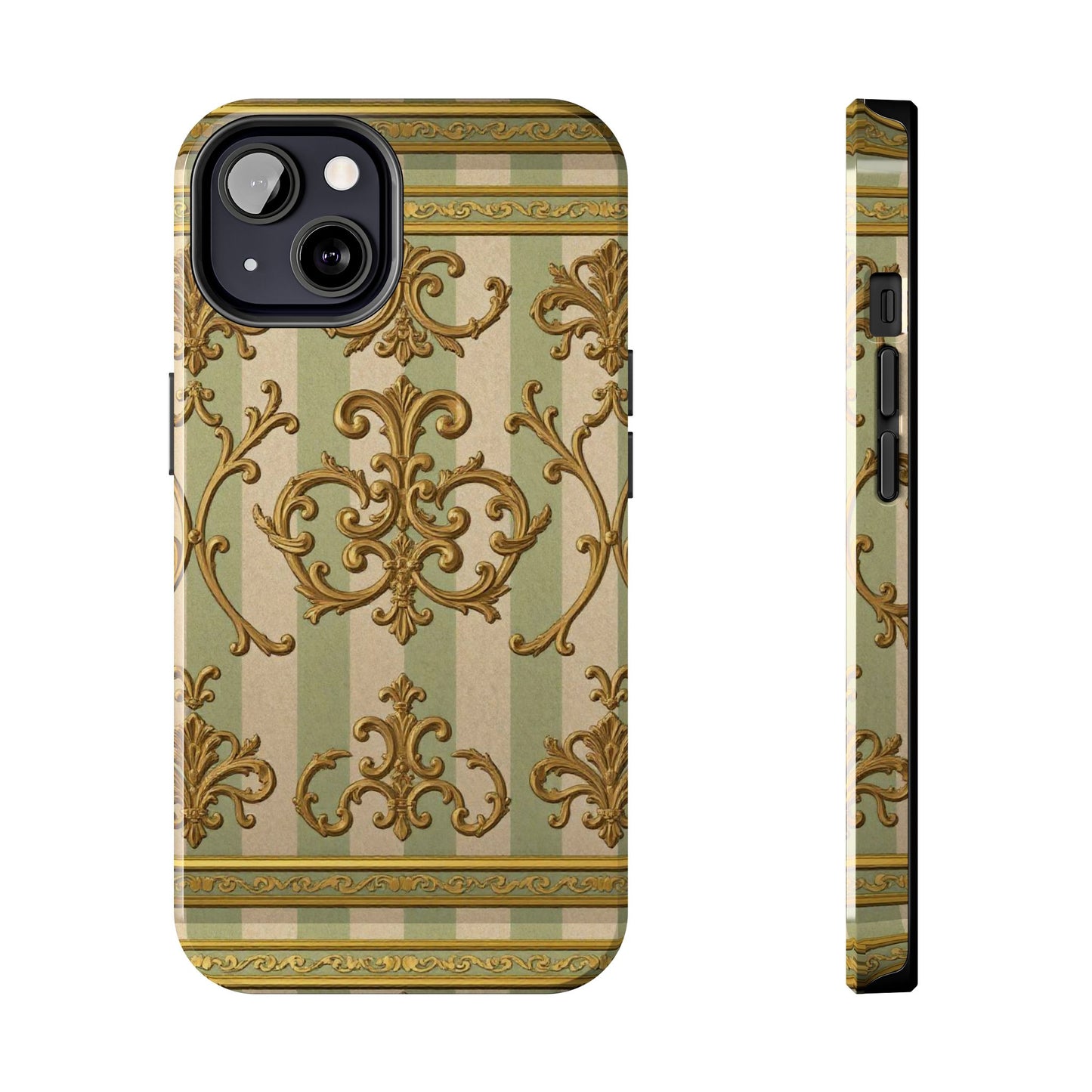 Vintage Elegance Phone Case, Tough Phone Cases for Style, Gift for Birthdays, Stylish Protection - Mint Green & Beige Striped Gold Baroque