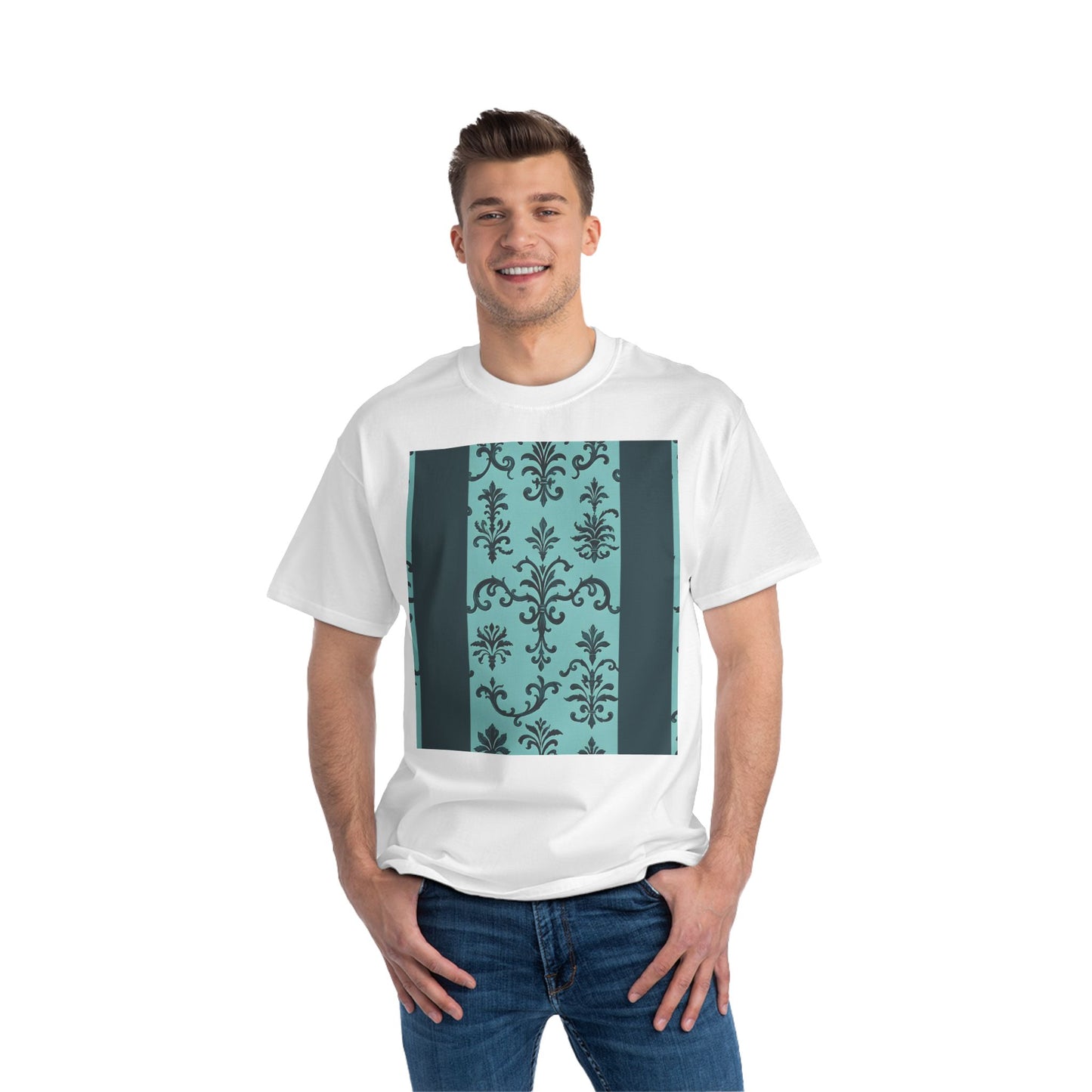 Elegant Floral T-Shirt - Vintage Design, Casual Wear, Gift for Her, Summer Fashion, Stylish Tee - Teal Striped Rococo