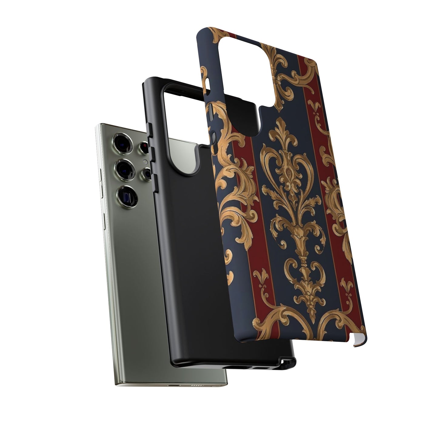 Elegant Floral Motif Phone Case - Tough Cases with Vintage Design - Midnight Blue & Dusk Red Striped Gold Damask