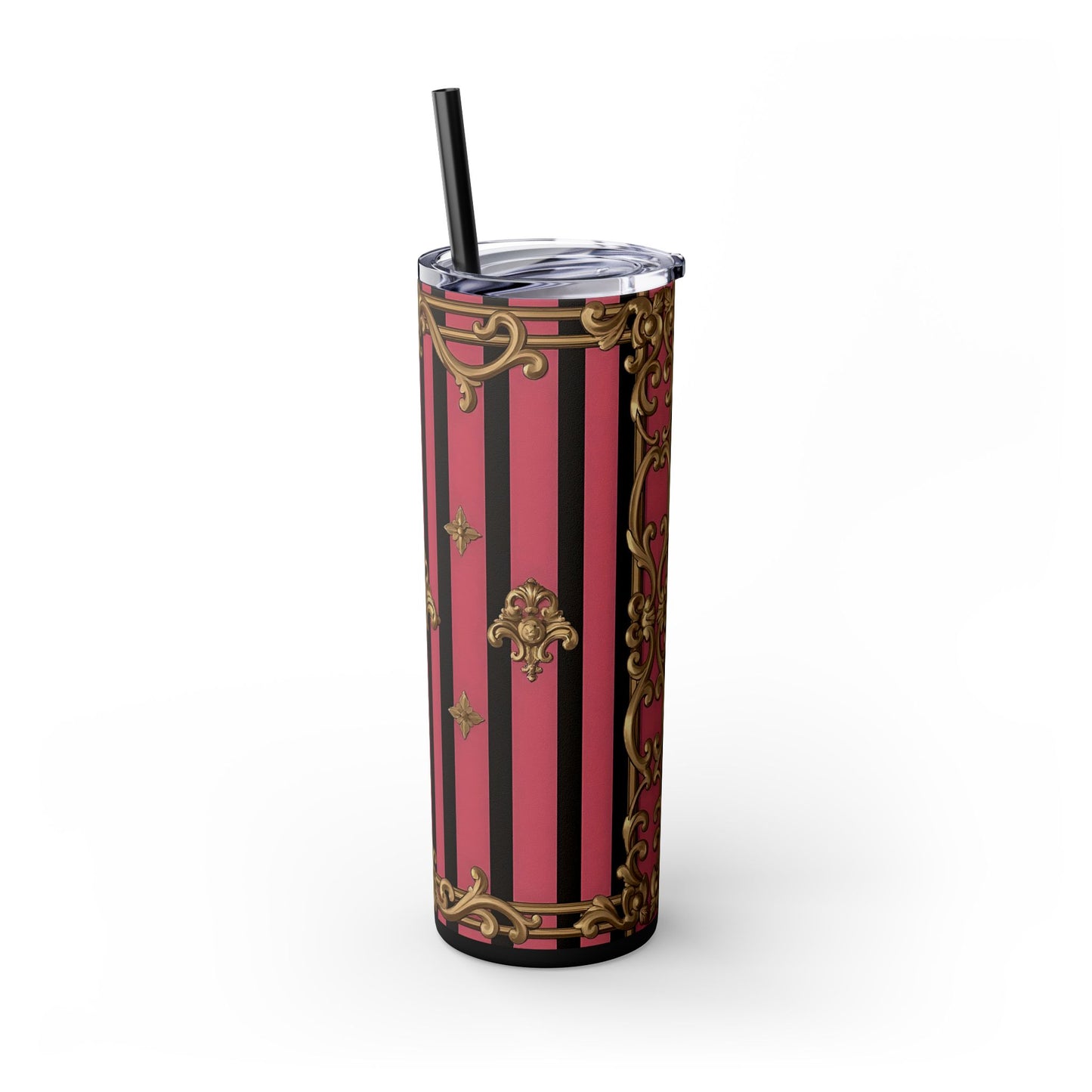Elegant Pink Striped Skinny Tumbler with Straw, 20oz, Stylish Drinkware, Custom Gift Idea, Travel Mug, Wedding Gift - Pink Striped Gold Rococo