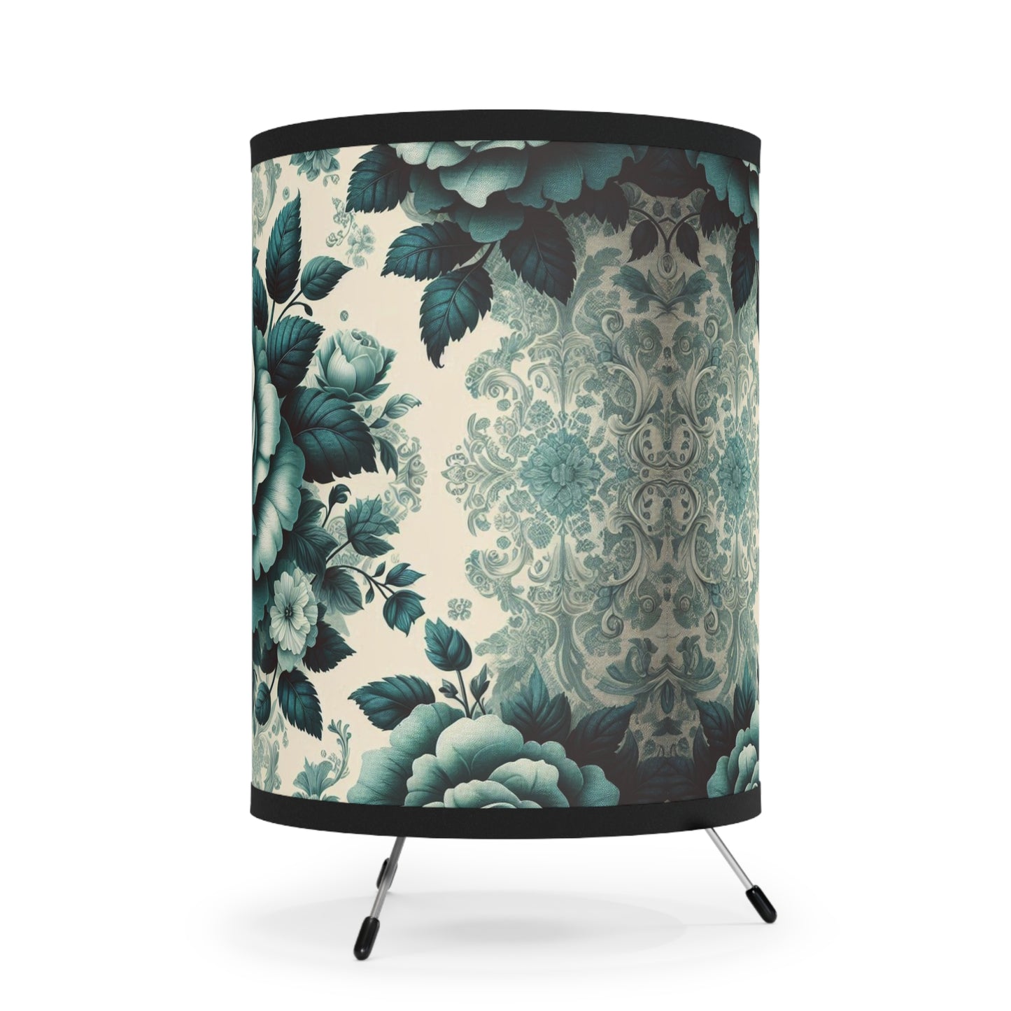 Elegant Tripod Lamp with Vintage Floral Print Shade - High-Res Home Accent - Teal Roses & Damask