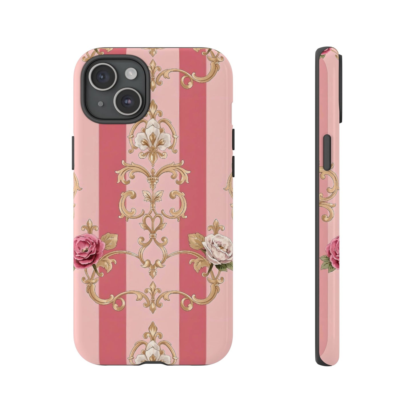 Elegant Floral Motif Phone Case - Tough Cases with Vintage Design - Pink Striped Roses & Damask