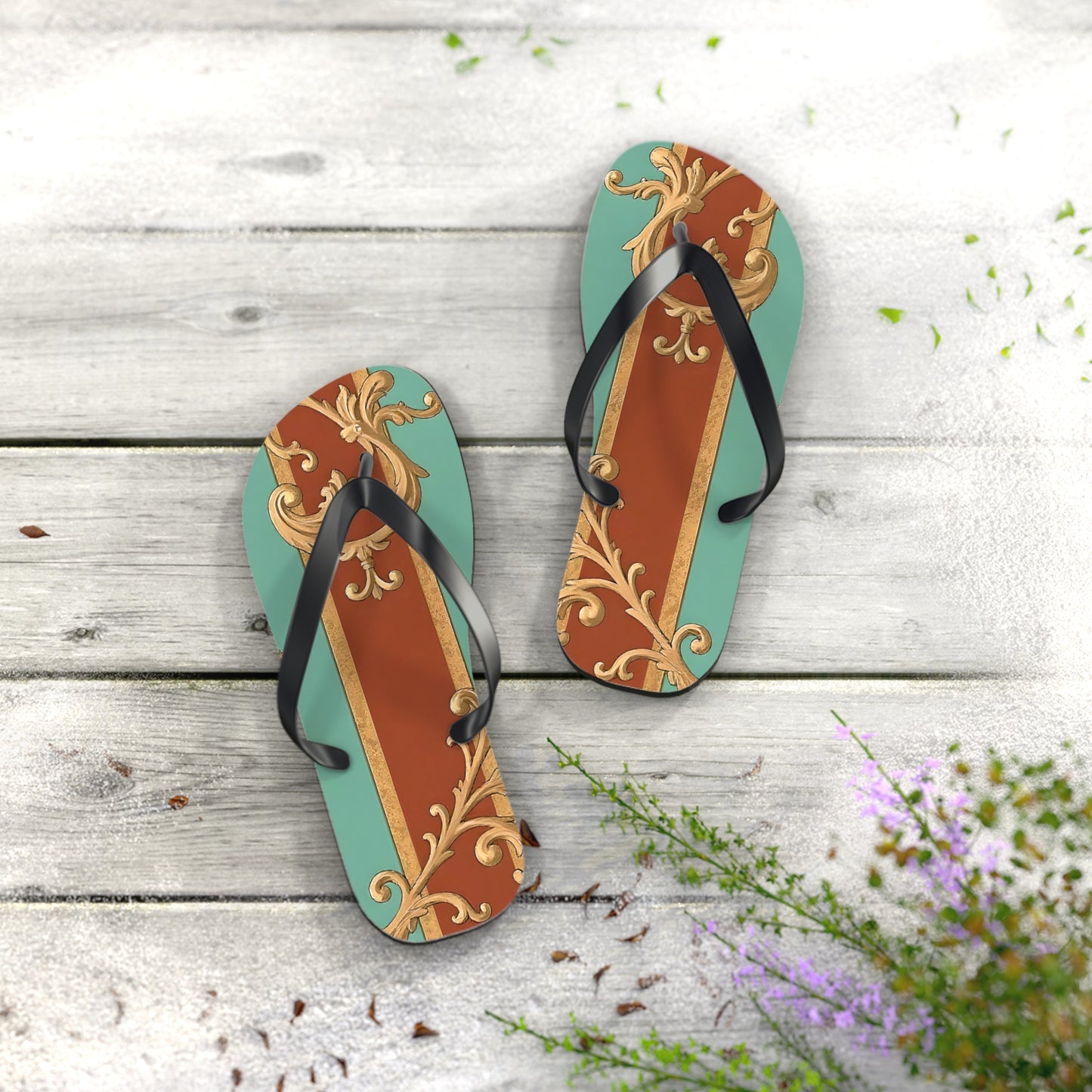 Elegant Vintage Flip Flops with Ornate Design - Perfect for Summer & Beach Getaways - Rust & Mint Aqua Striped Baroque