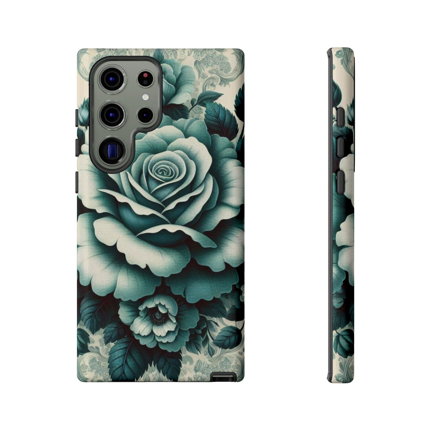 Elegant Floral Motif Phone Case - Tough Cases with Vintage Design - Teal Roses & Damask