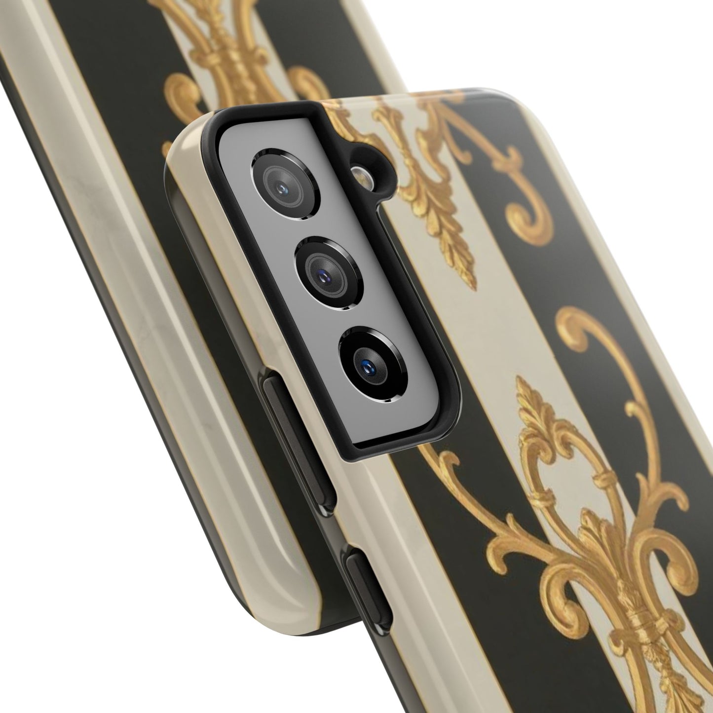 Elegant Black & Alabaster Striped Baroque Tough Phone Cases - Chic Protection, Black Gold Decor, Stylish Accessory, Gift for Her, Trendy Tech
