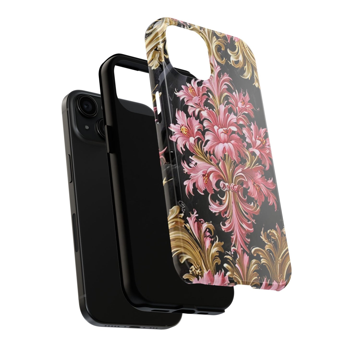 Elegant Floral Tough Phone Cases | Stylish Protection for Her | Gift for Birthdays - Black & Pink Oil Painting Style Rococo