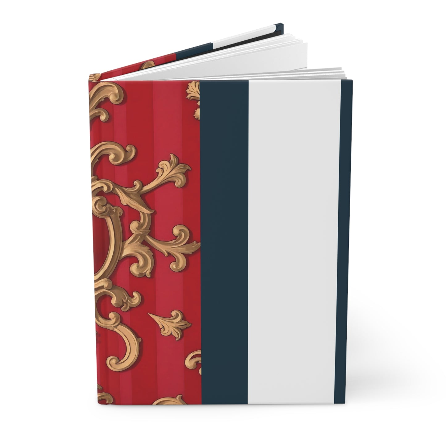 Elegant Red and Gold Hardcover Journal - Perfect for Journaling, Note-Taking, Gift for Writers, Creative Expression - Blue, Red & White Striped Baroque