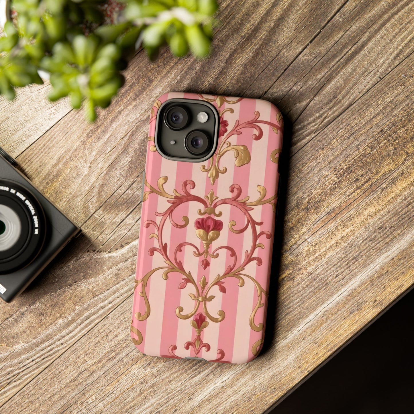 Elegant Floral Motif Phone Case - Tough Cases with Vintage Design - Pink Striped Rose Gold Damask