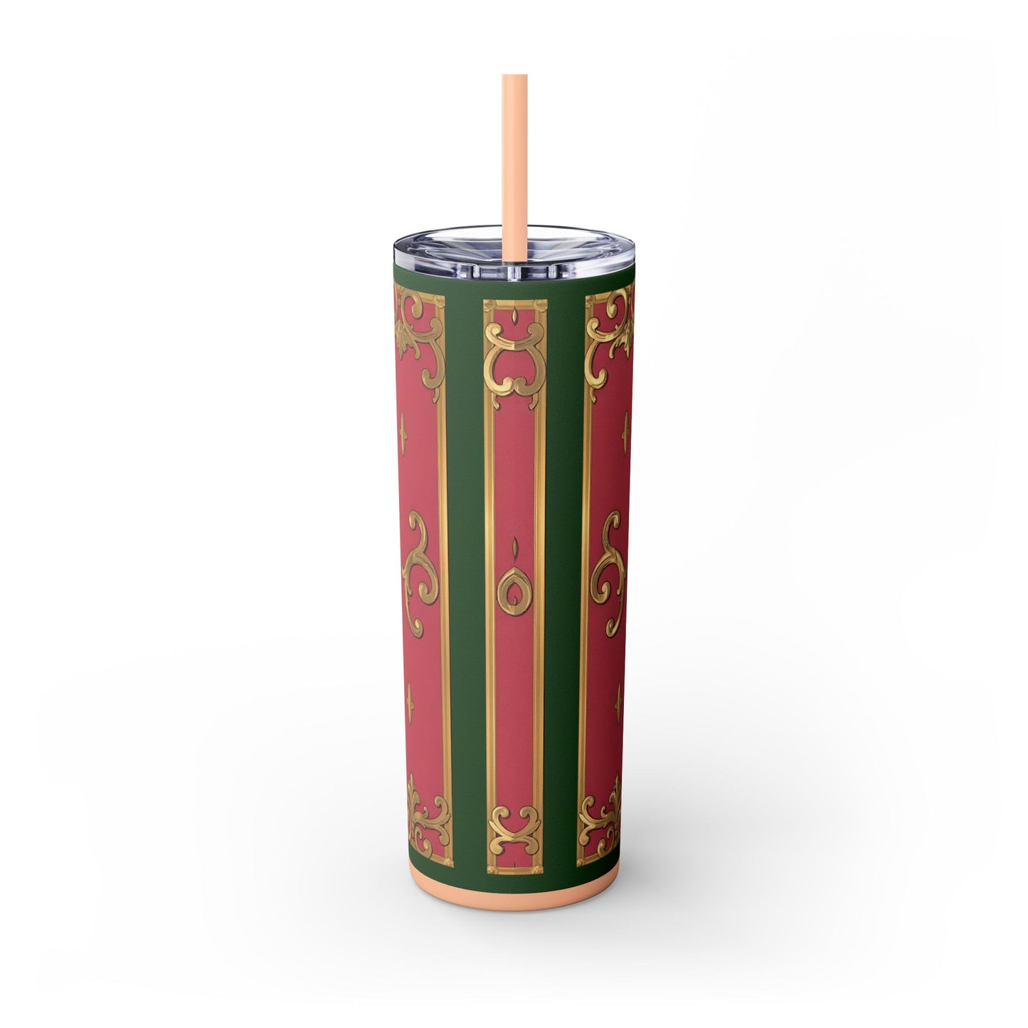Elegant Green Border Pink Striped Baroque Skinny Tumbler with Straw, Reusable Travel Mug, Gift for Her, Fashionable Drinkware