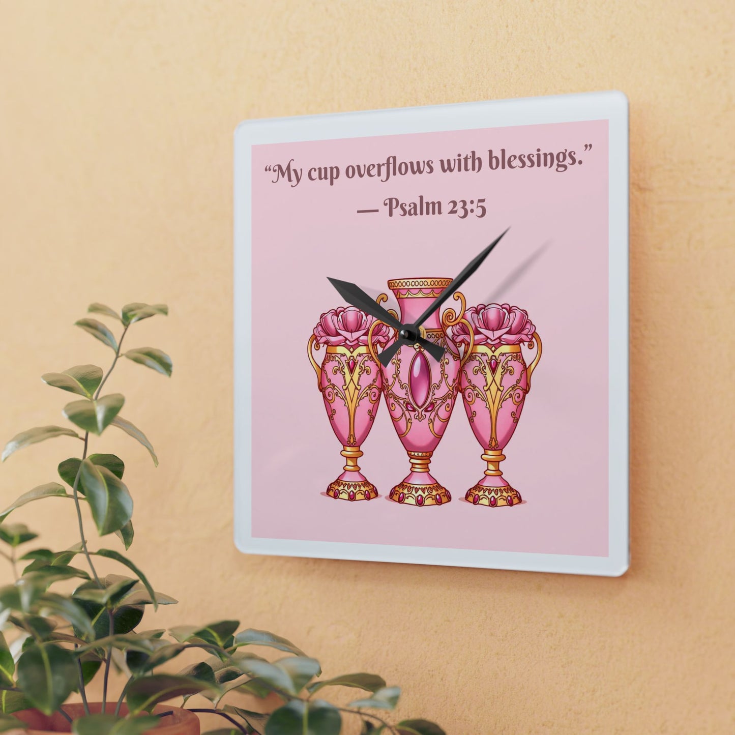 Inspirational Acrylic Wall Clock with Psalm 23:5, Home Decor, Gift for Her, Motivational Wall Art, Christian Decor, Prayer Room Accent
