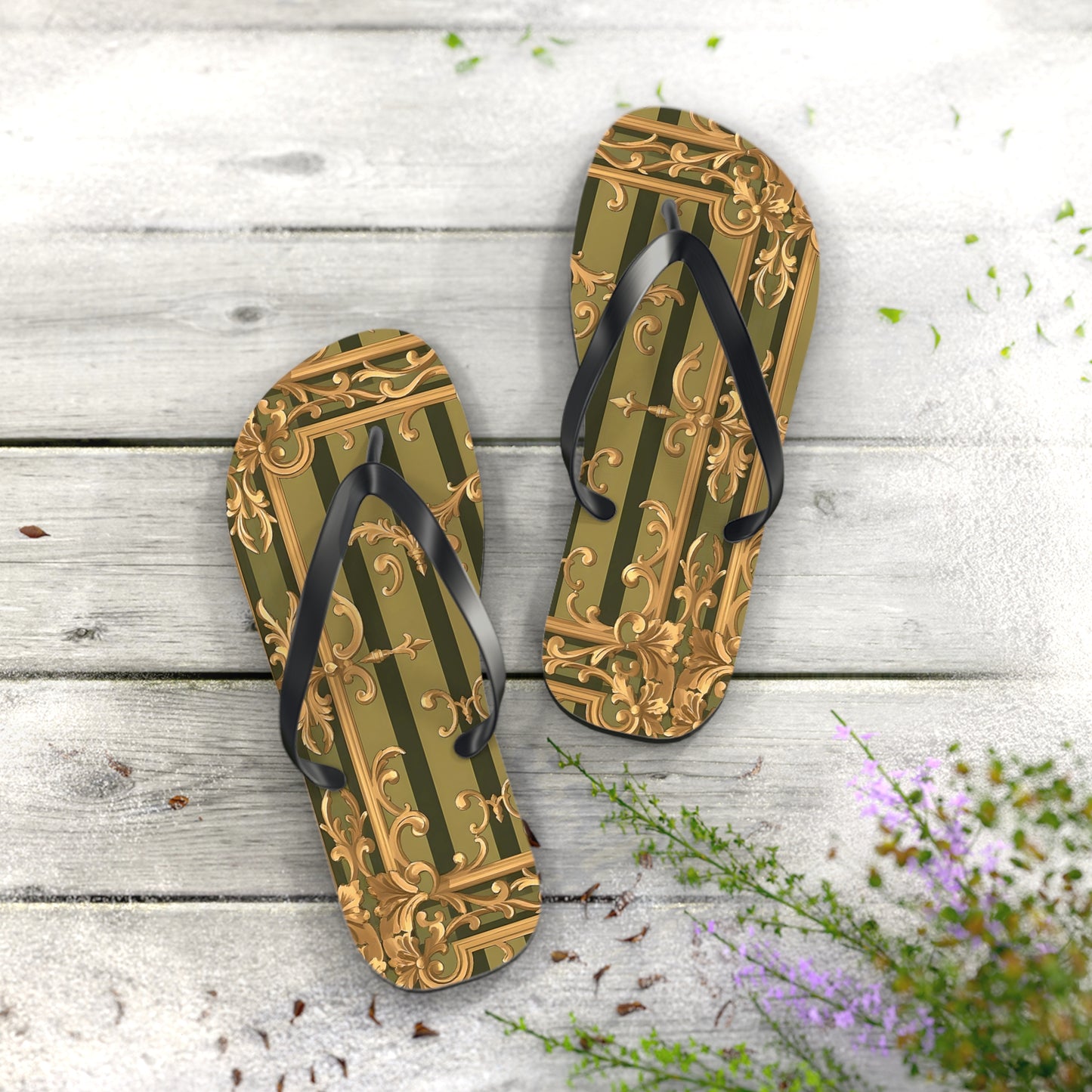 Elegant Floral Flip Flops, Summer Sandals, Beach Footwear, Vacation Essentials, Gift for Her, Outdoor Adventures - Olive Green Striped Rococo