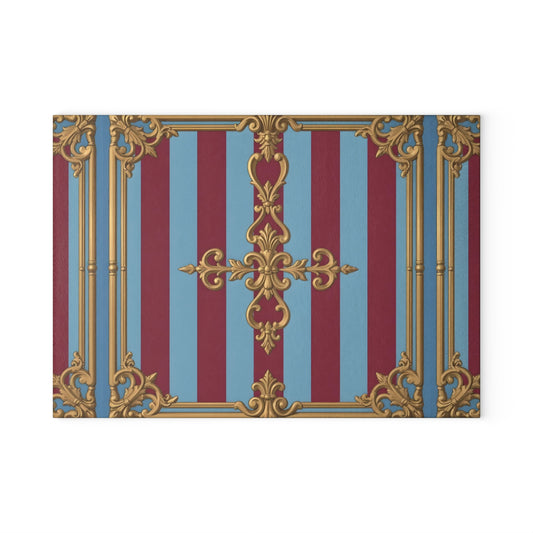 Vintage-Inspired Glass Cutting Board, Elegant Kitchen Decor, Gift for Housewarming, Wedding - Sky Blue & Maroon Striped Baroque