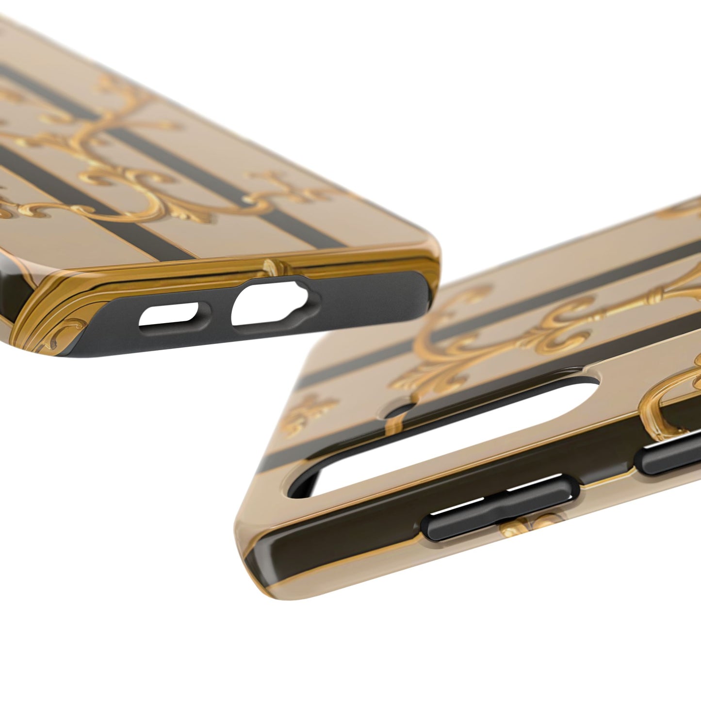 Elegant Vintage Tough Phone Case, Stylish Phone Cover, Boho Accessories, Perfect Gift for Her - Beige Striped Gold Rococo