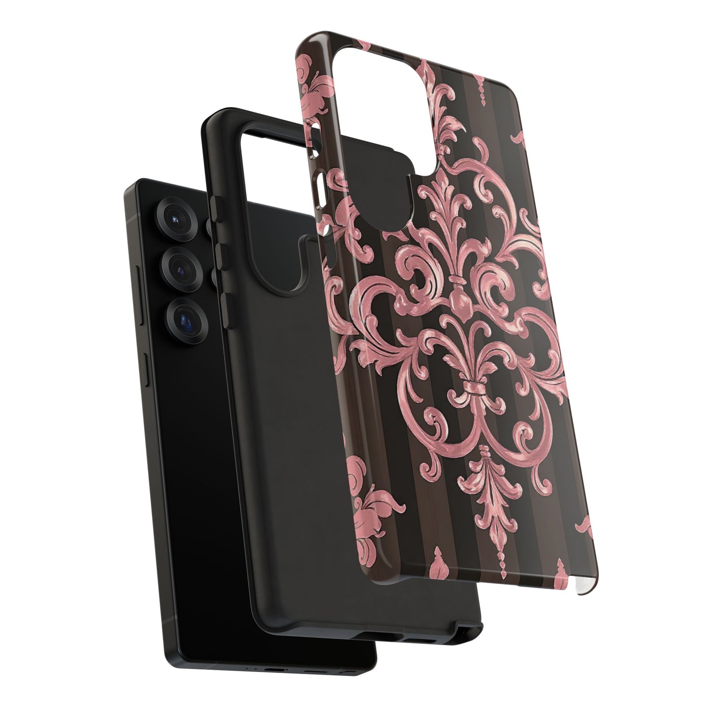 Elegant Floral Motif Phone Case - Tough Cases with Vintage Design - Brown Striped Mauve Damask