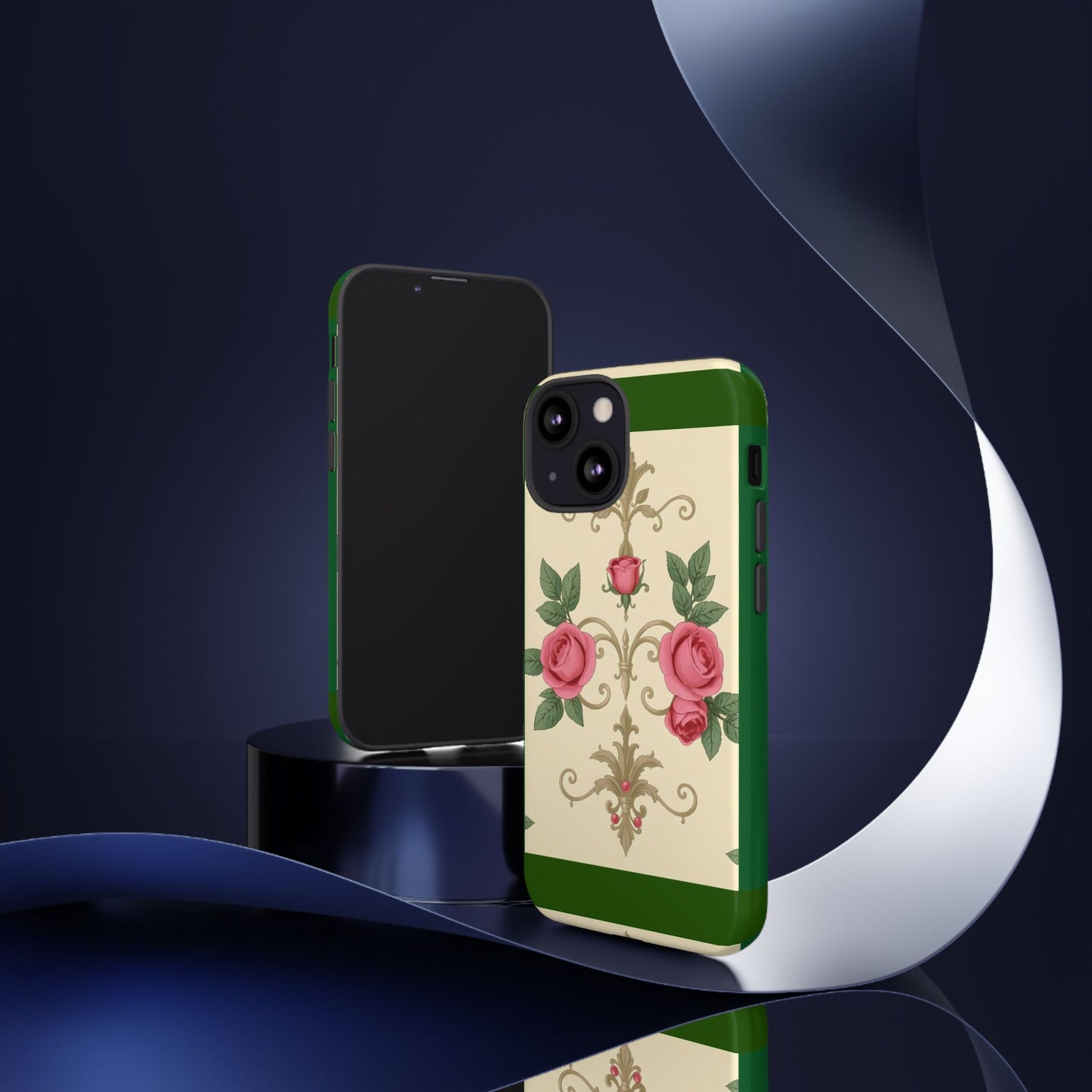 Elegant Floral Motif Phone Case - Tough Cases with Vintage Design - Green Border Roses & Damask