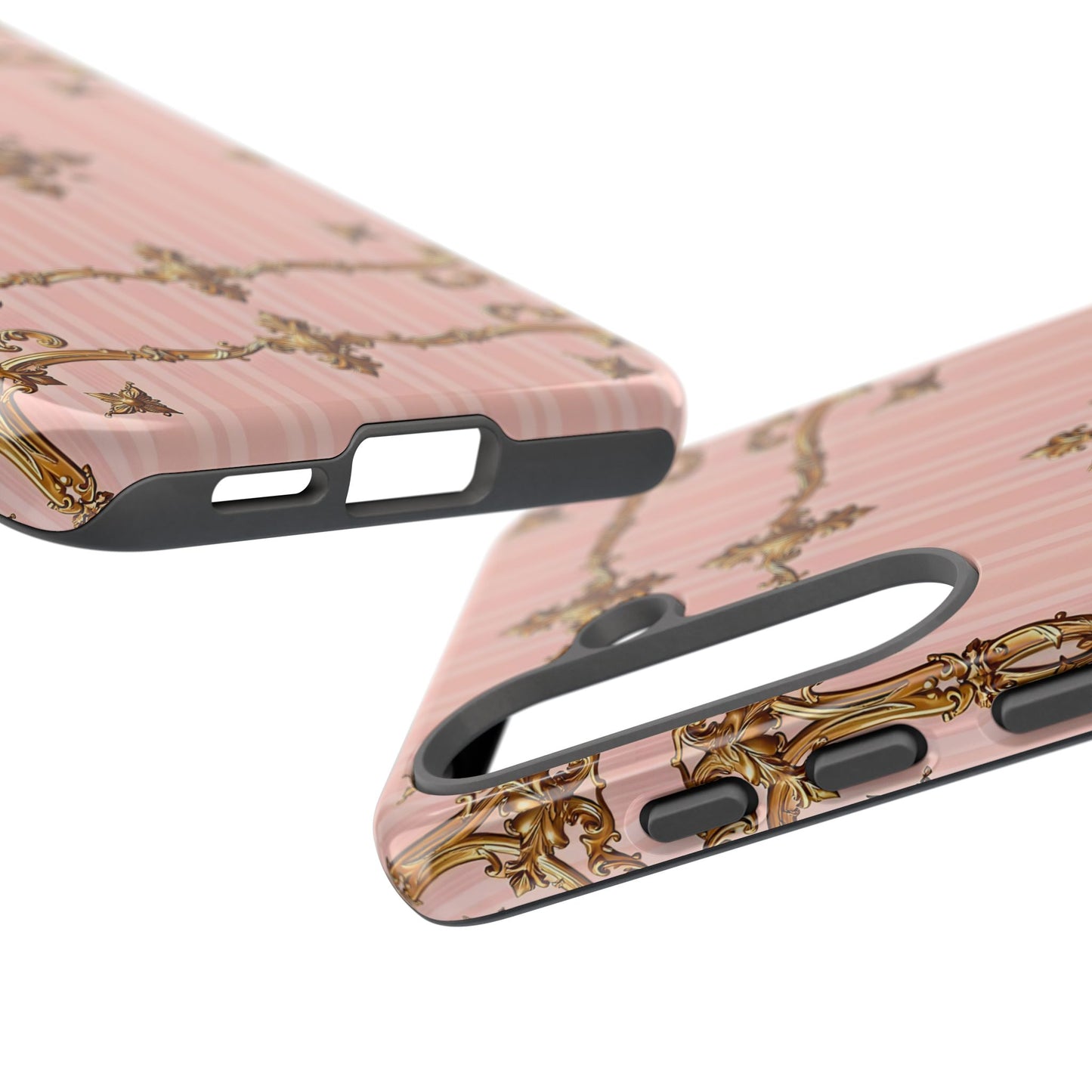 Elegant Floral Phone Case, Tough Cases for Women, Trendy Phone Cover, Chic Gift - Pink Striped Gold Baroque