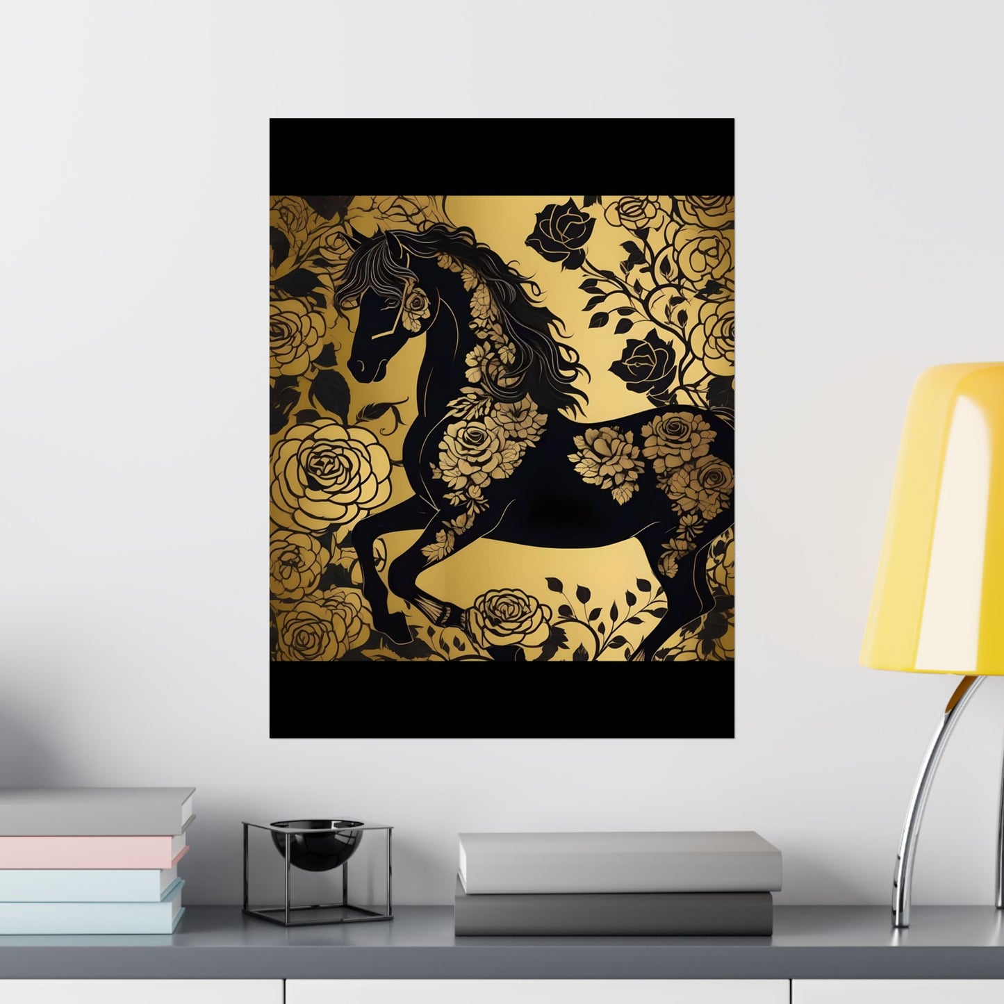 Floral Art Poster - Elegant Matte Vertical Wall Decor - Black & Gold Horse With Roses