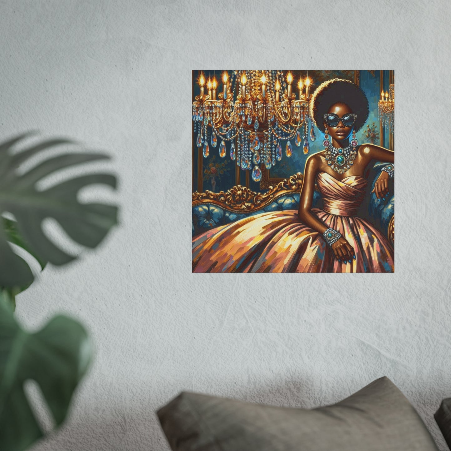 Elegant Glamour Satin Poster, Wall Art Decor, Modern Home Gallery, Gift for Art Lovers, Chic Interior Decoration - Elegant Lady & Chandelier