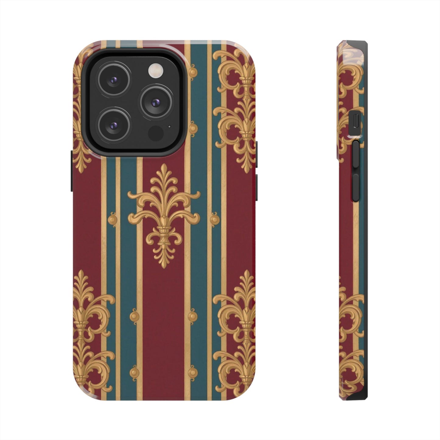 Elegant Vintage Tough Phone Case, Luxury Phone Protection, Stylish Phone Cover, Durable Phone Accessory - Burgundy Striped Gold Baroque