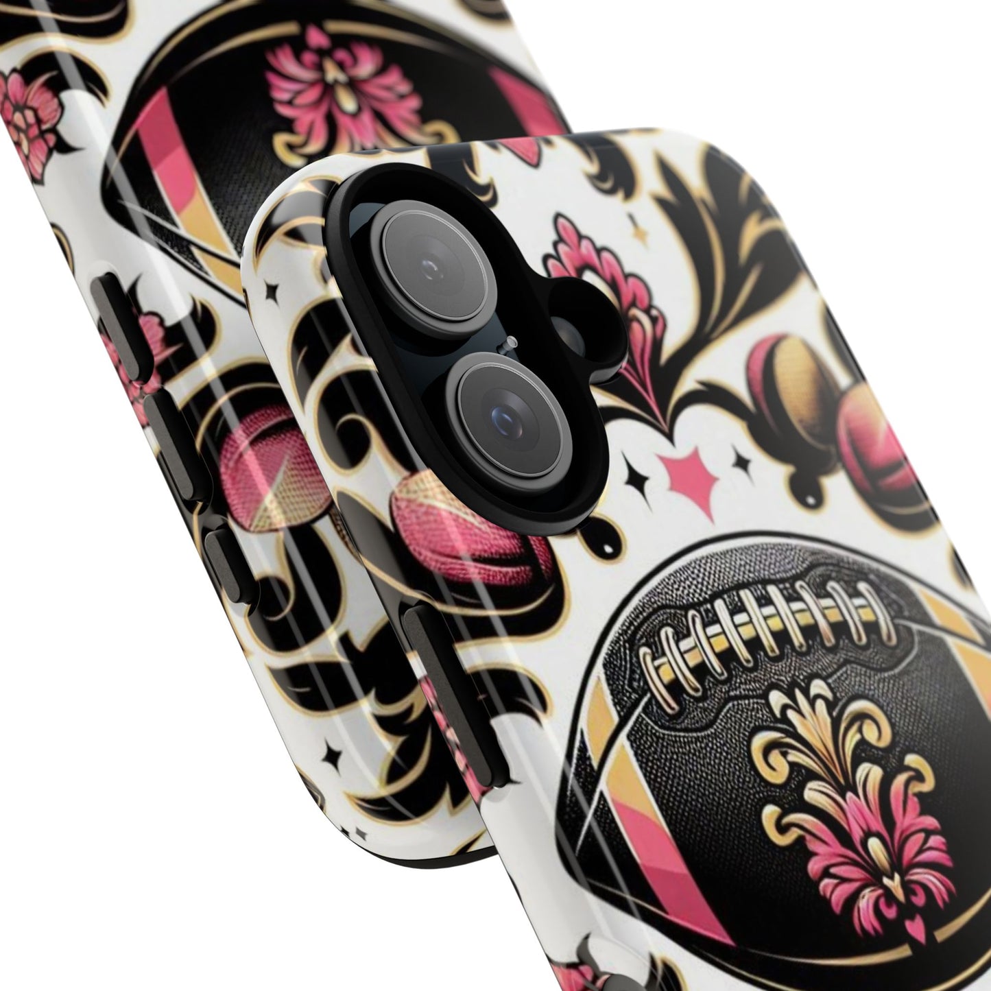 Elegant Floral Motif Phone Case - Tough Cases with Vintage Design - Damask White, Pink Gold & Black Football