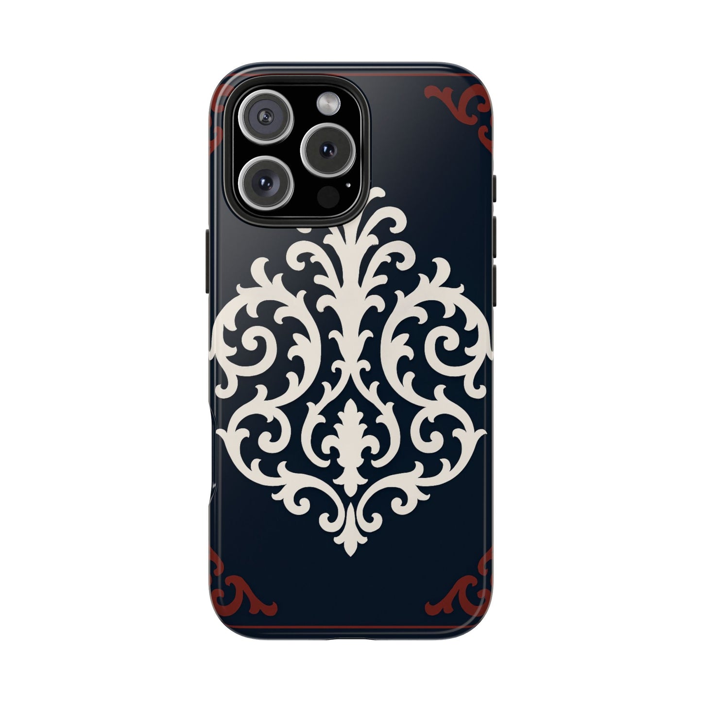 Dusk Blue-Maroon & White Baroque Tough Phone Case — Vintage Scroll Design