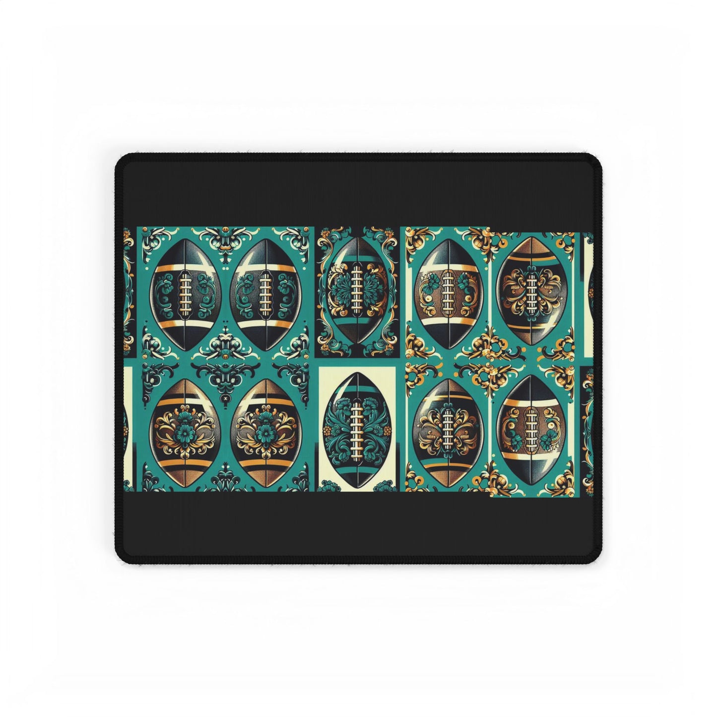 Desk Mat - Elegant Floral Motif for Home Office Decor - Teal, Gold & Black Damask Footballs