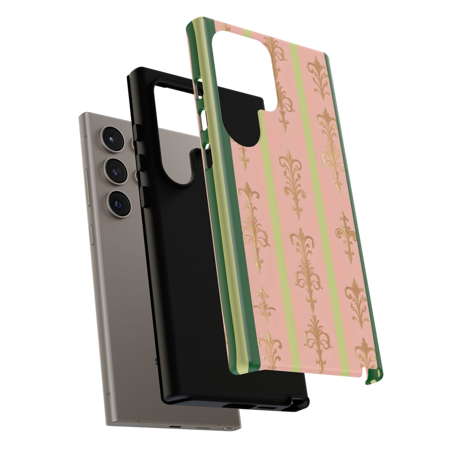 Elegant Floral Motif Phone Case - Tough Cases with Vintage Design - Lime Green & Pink Striped Damask