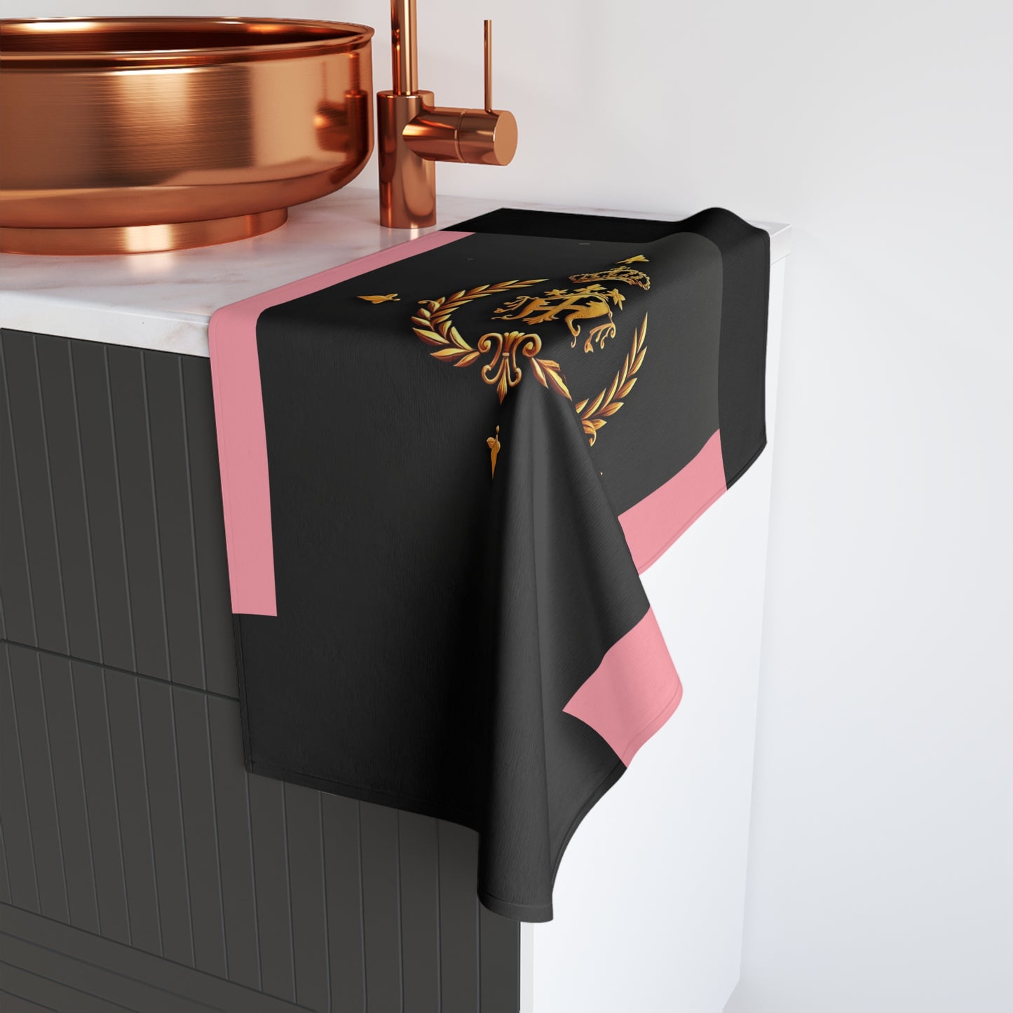 Elegant Monogrammed Hand Towel for Home Decor, Bathroom Accessory, Gift Idea, Luxury Towel, Housewarming Present - Pink Striped Gold Crest
