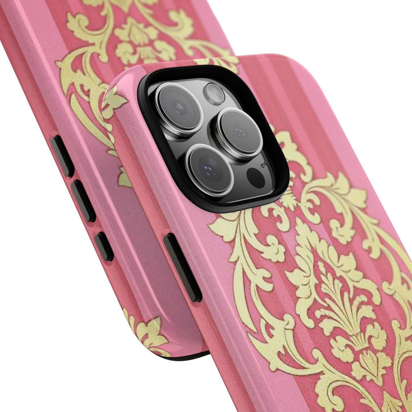 Elegant Floral Motif Phone Case - Tough Cases with Vintage Design - Pink Striped Damask