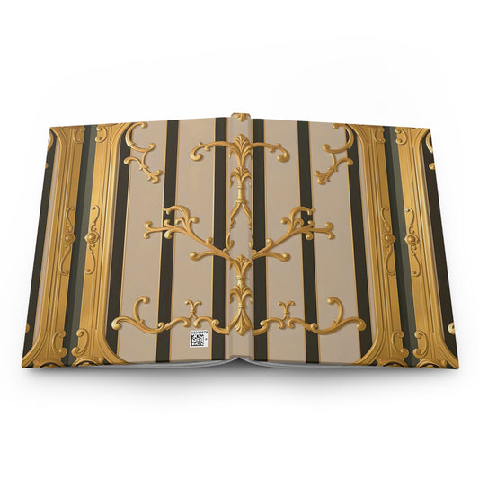 Elegant Antique Hardcover Journal for Writing, Gifts, Bullet Journals, Personalized Stationery - Beige Striped Gold Rococo
