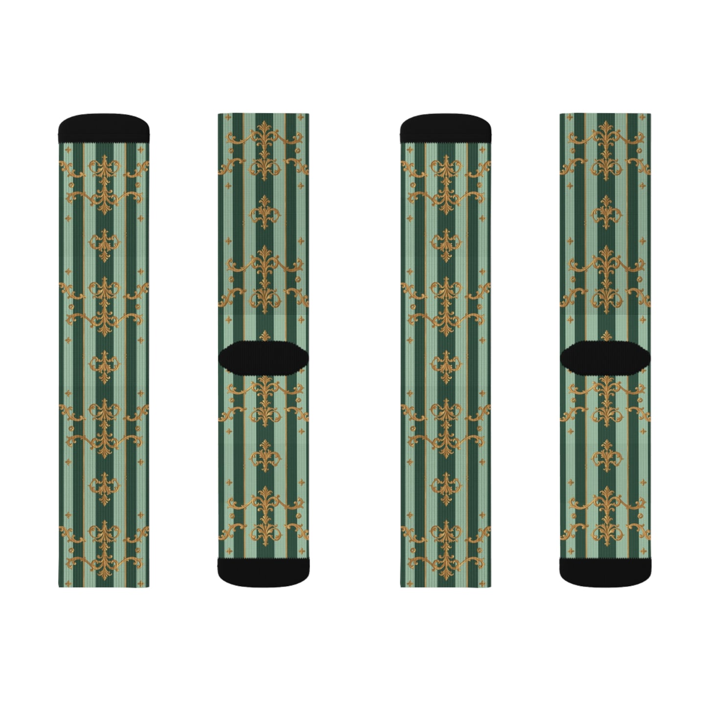 Chic Sublimation Socks for Everyday Comfort, Unique Fashion Socks, Gift for Him/Her, Stylish Casual Wear - Mint Green & Teal Striped Gold Baroque