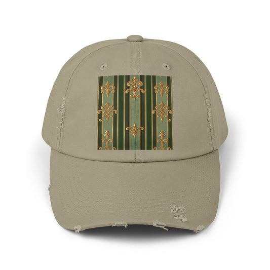 Vintage-Inspired Unisex Distressed Cap, Casual Accessories for Outdoor Adventures, Trendy Hats for Men and Women - Green Striped Gold Baroque
